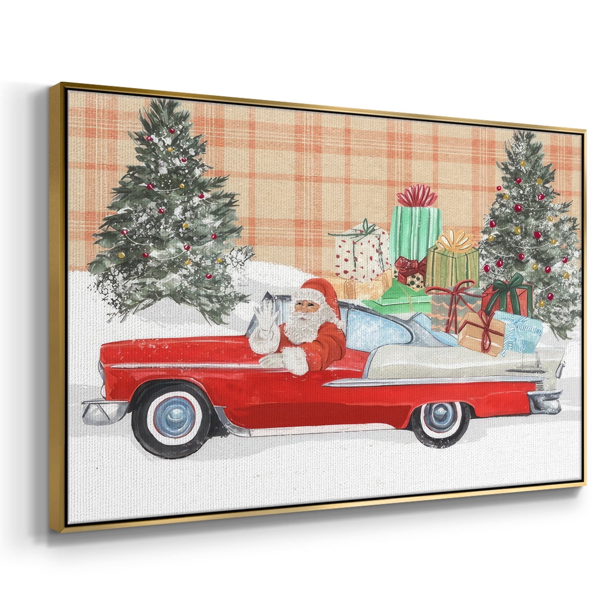 Santa on Wheels II - Framed Gallery Wrapped Holiday Canvas - 17 x 25 - Gold Frame