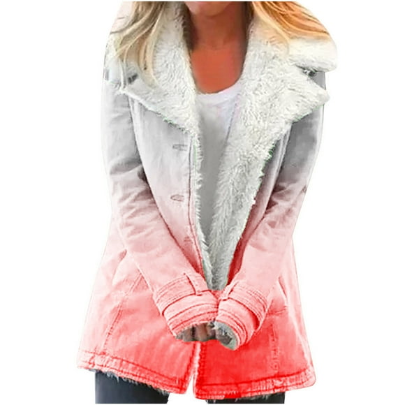 Lolmot Women Plus Size Winter Warm Composite Plush Button Lapels Jacket Outwear Coat
