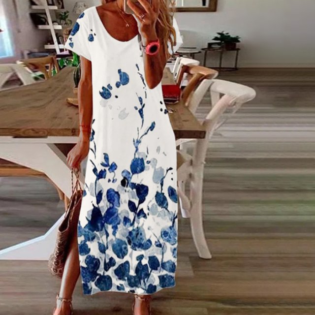 SMihono Summer Boho Dress pour Femmes Plus Size Mode Femmes Confortable Casual Col Rond Manches Courtes Imprimé Fente Dress