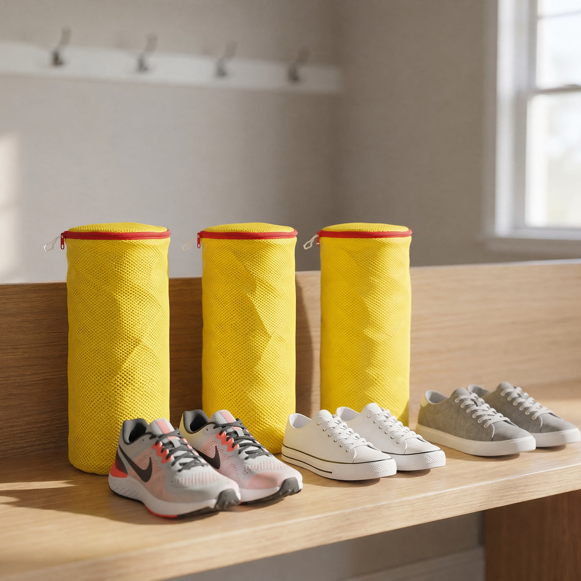 Unique Bargains 2 Pack Polyester  Zippered  Shoe Bag for Washing Machine Yellow 6.7"x15"