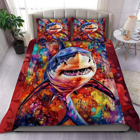 3 Pieces Duvet Cover Set-Abstract 3D Tiger Shark- 3D Print Bedding 1 Duvet Cover 2 Pillowcases Natural Animals Comforter Set Soft Breathable for Boys Girls Children Duvet Set 3B54ANI13