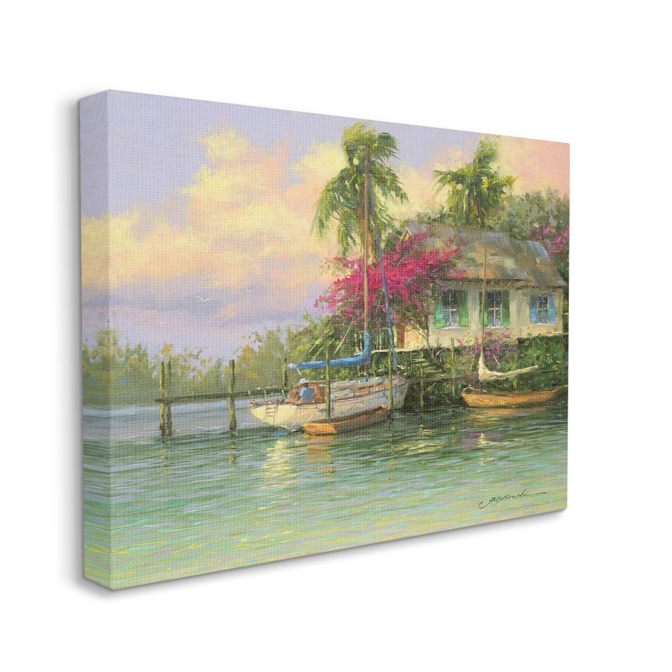 Tropical Vacation Seaside House Landscape Painting Gallery Wrapped Canvas Print Wall Art