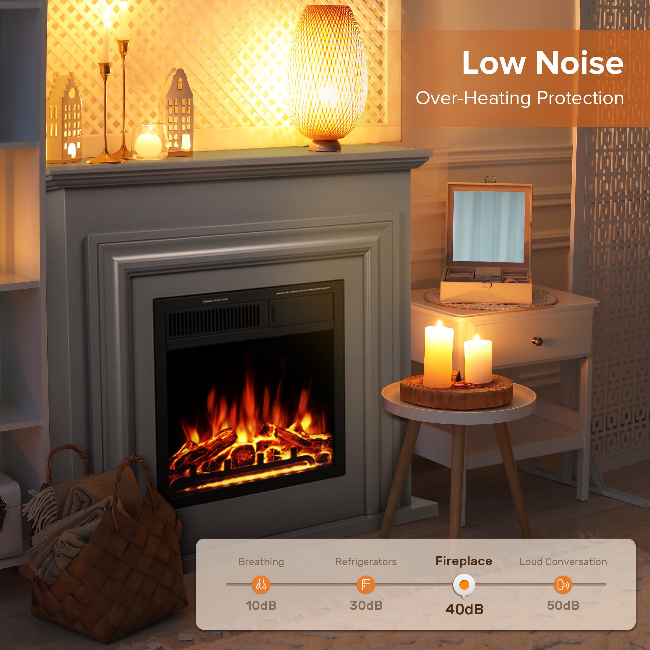 KISSAIR Electric Fireplace Mantel Wooden Surround Firebox, Free Standing Fireplace, with Remote Control, Adjustable LED Flame, 750W/1500W -Grey