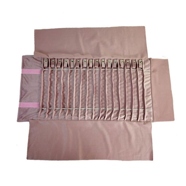 Organizador de bolsa enrollable de joyería de viaje de terciopelo para collares, pulseras, rosa con banda elástica solo para collares