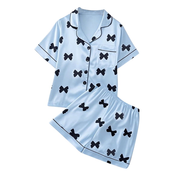 Virmaxy Bow Print Short Sleeve Collared Pajama Set Button Down Top and Elastic Waist Shorts Soft Sleepwear for Home and Lounge Wear, for 8-12Y