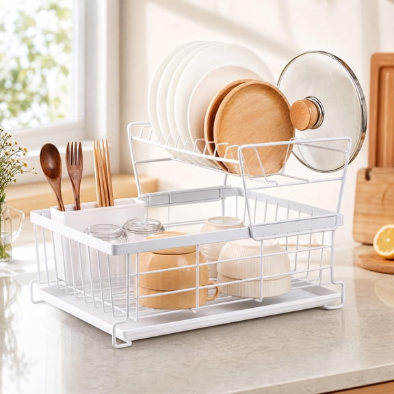 YUCHANG Double Layer Carbon Steel Kitchen Dish Drying Rack with Drain Tray, Rustproof Utensil Organizer, 17"x11"x11", White