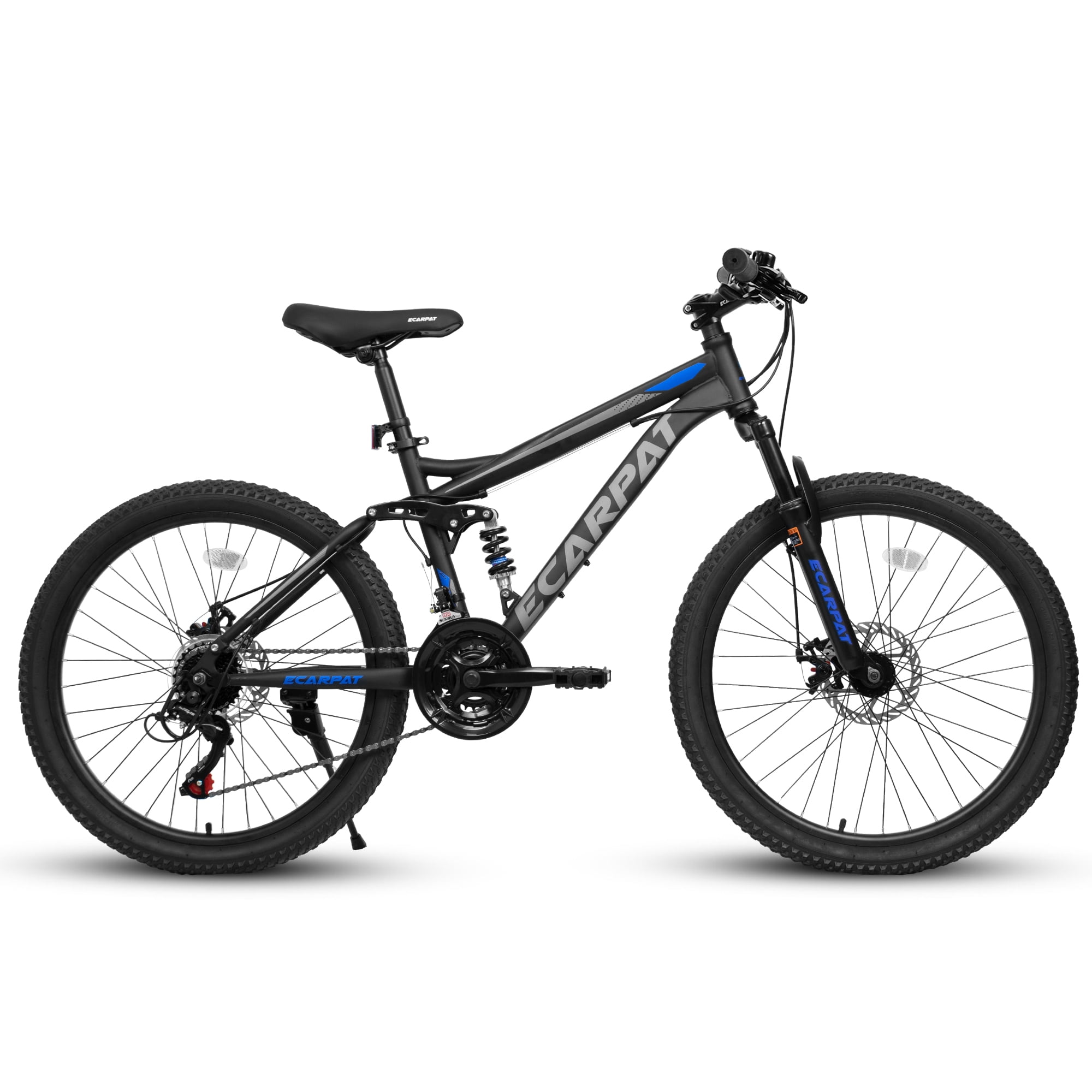 Aezusy Mountain Bike 24 inch Wheels, 21-Speed Full Suspension Mens Womens Trail Commuter City Mountain Bicycles with Carbon Steel Frame, Disc Brakes ,Blue and Black