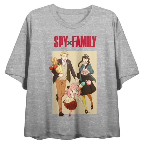 Spy X Family Forger Family Art Crew Neck Short Sleeve Gray Heather Women's Crop Top