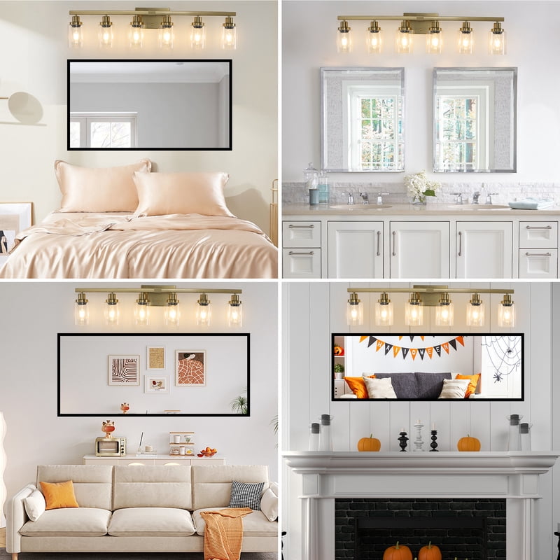 Golden 6-Light Vanity Light with Clear Glass Shades, Modern Iron Metal Bathroom Wall Fixture for Mirror Lamp (No Bulbs)