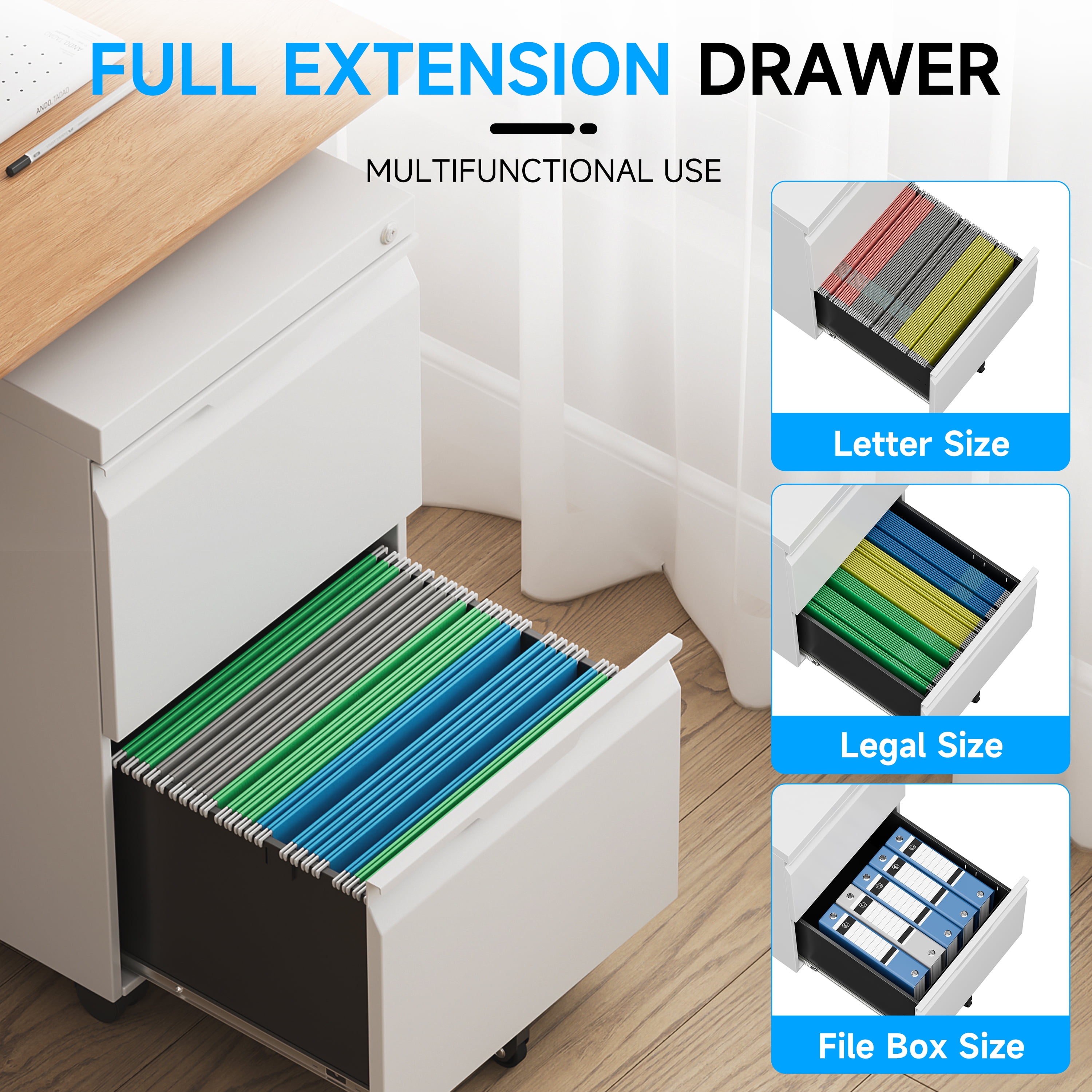 2 Drawer Mobile File Cabinet, File Cabinet on Wheels with Lock for Letter/Legal/A4 File, Metal Rolling File Cabinets for Home Office (White)