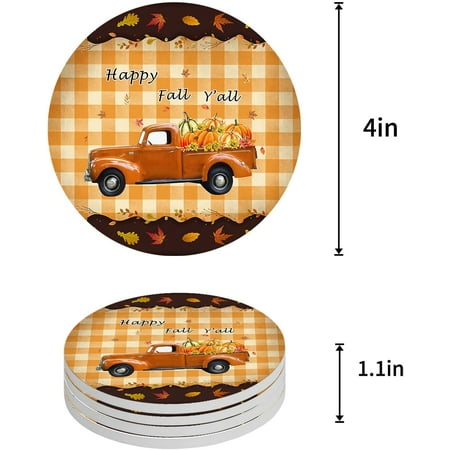 

ZHANZZK Thanksgiving Truck and Pumpkins Maple Leaf and Lattice Set of 4 Round Coaster for Drinks Absorbent Ceramic Stone Coasters Cup Mat with Cork Base for Home Kitchen Room Coffee Table Bar Decor