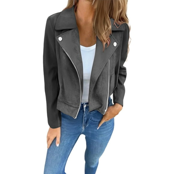Breezora Women Suede Cropped Biker Jacket Long Sleeve Zipper Front Motocycle Style Outerwear for Fall Winter M Size Dark Gray