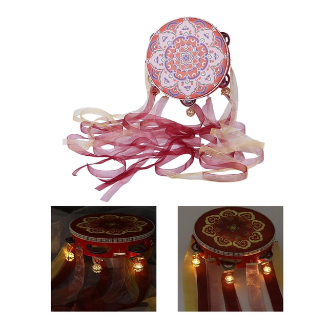 Tambor de mano Pandereta decorativa portátil de 7.28 pulgadas con cinta Instrumento de percusión de estilo chino para el festival de baile