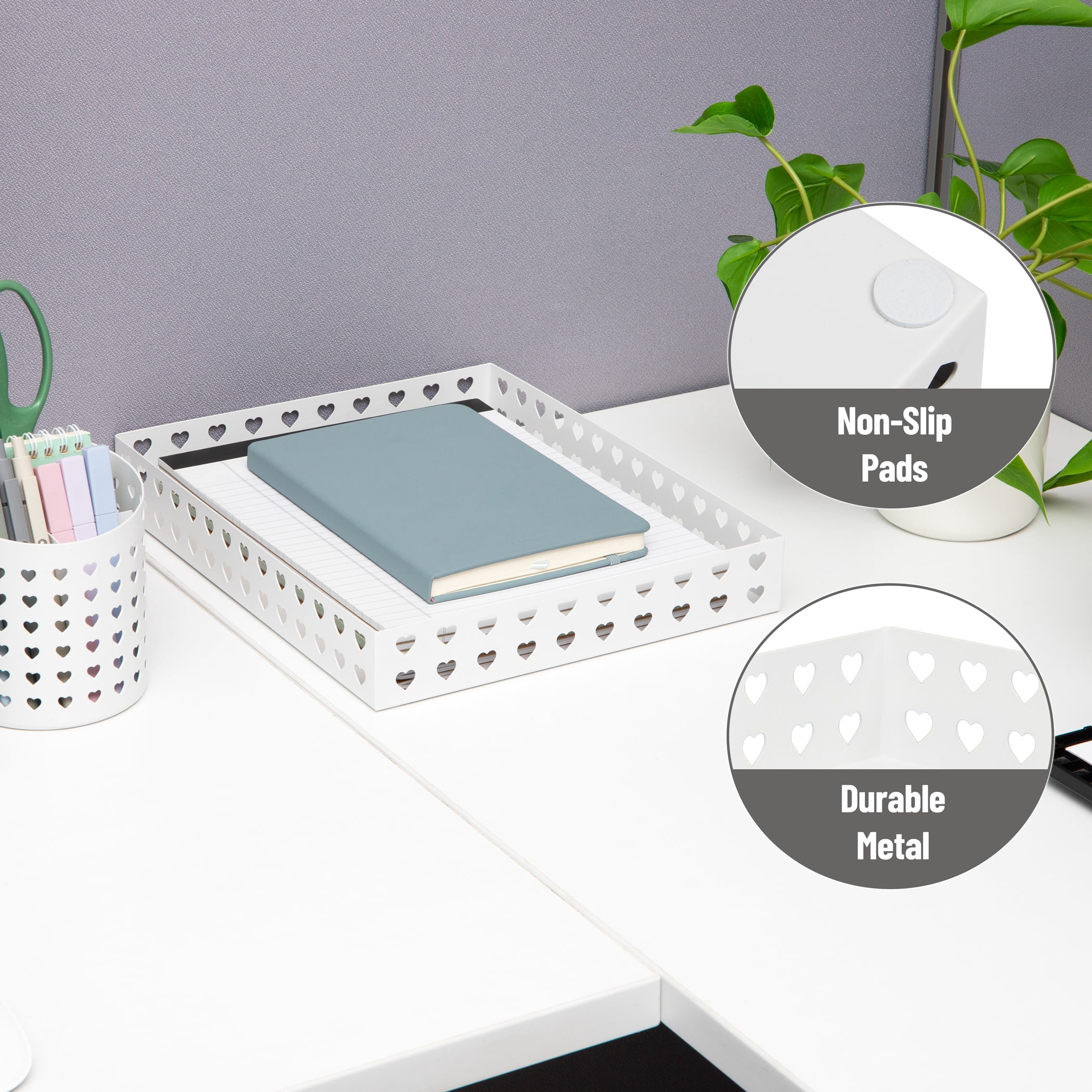Mind Reader Paper Tray, Metal Letter Size Document Organizer with Heart Cutout Design, Desktop Paper Storage, Non-Skid Base, White