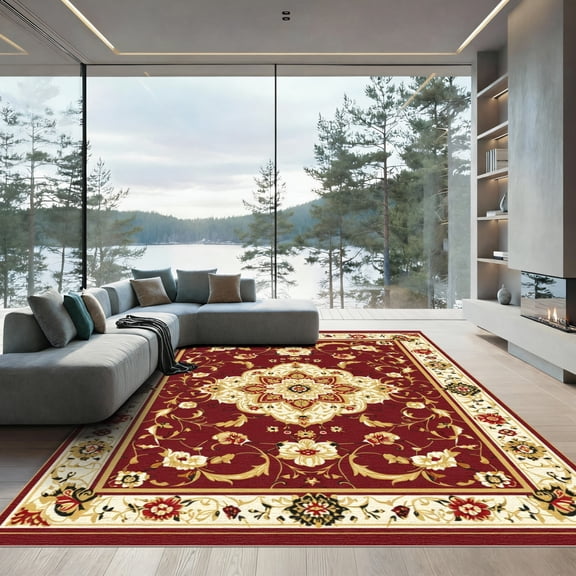 ODIKA 4'x6' Machine Washable Non-Slip Area Rug, Oriental Burgundy High Traffic Rug, Red, 1080623