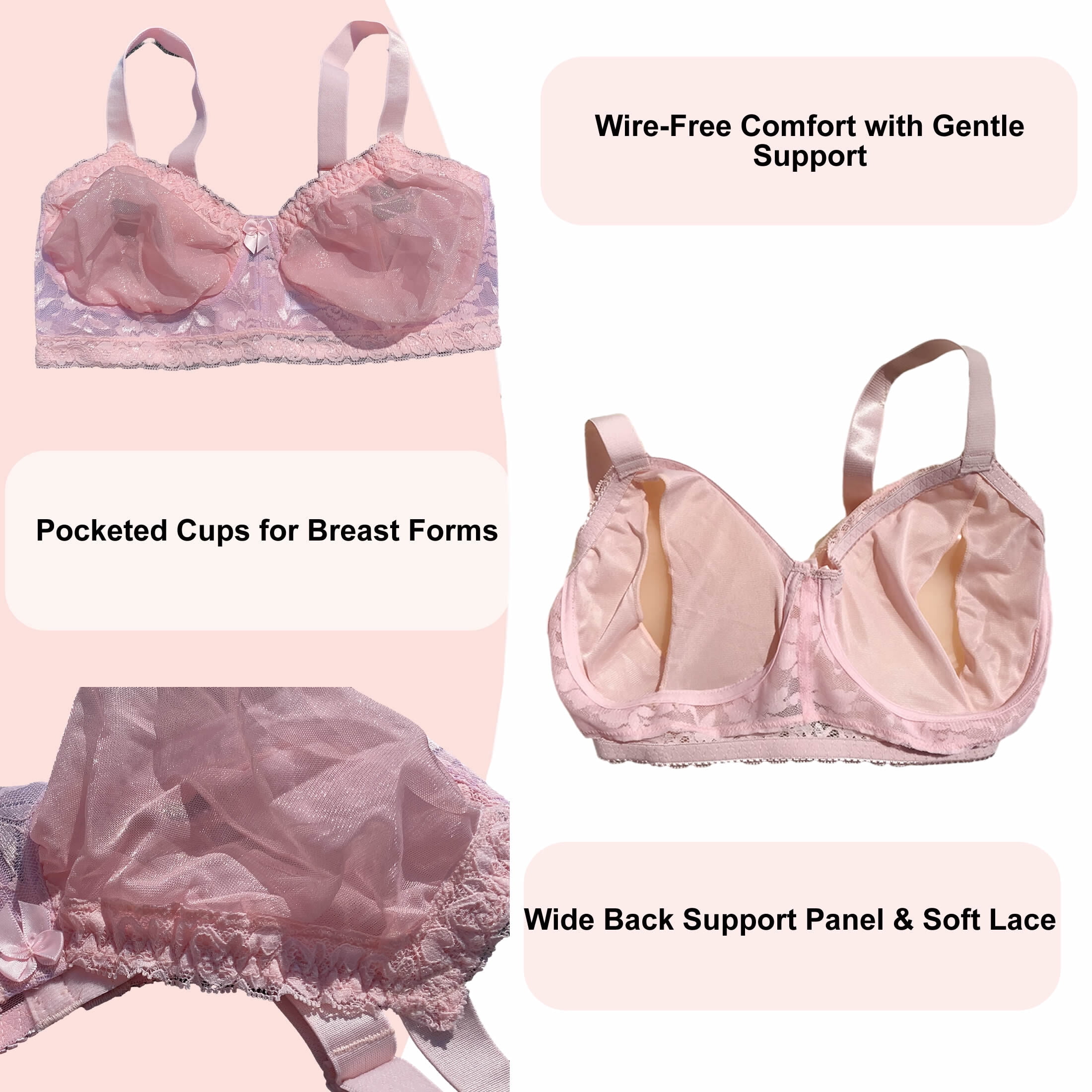 BIMEI Women’s Pocketed Mastectomy Bra with Lace | Sheer Pocket Bra for Breast Forms | Post-Surgery Prosthesis Bra | Wire-Free Support, Silicone Breast Form Holder,Pink,44D