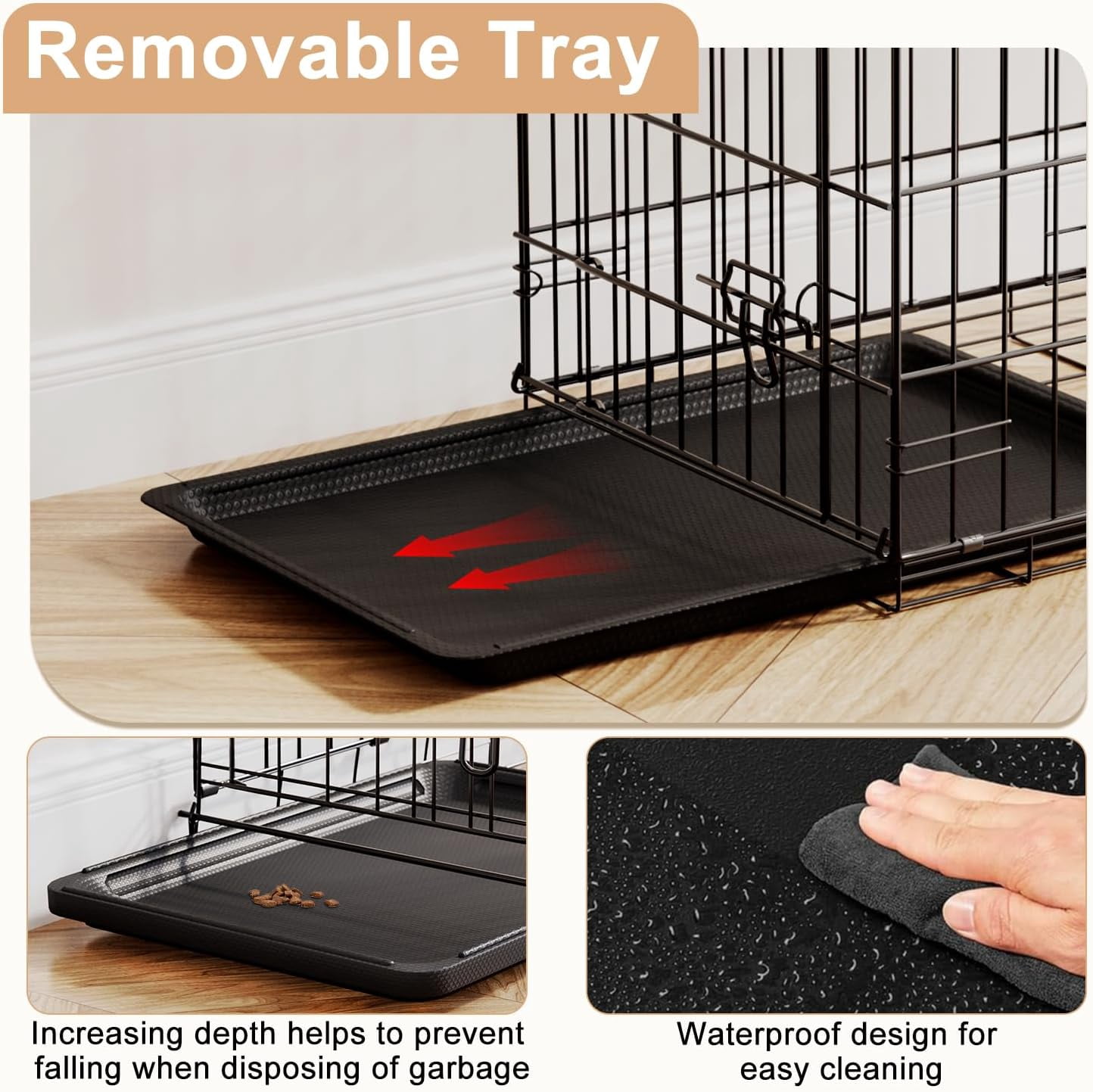 FDW 24 Inch Dog Crate Pet Cage with Metal Folding Design Plastic Tray Indoor Outdoor Dog Kennel Cage for Small Dogs,Black
