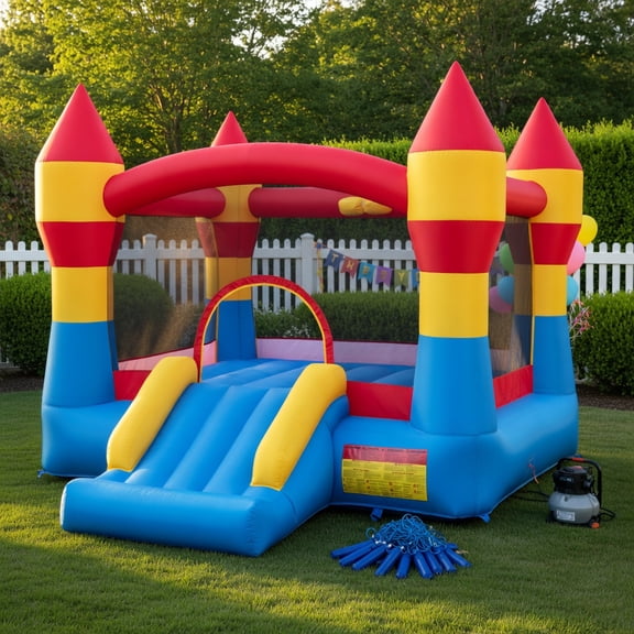 Resenkos 3-in-1 Kids Bouncer with Slide, Large Jumping Area & Basketball Hoop - No Blower Included Outdoor Play Center - Multicolor