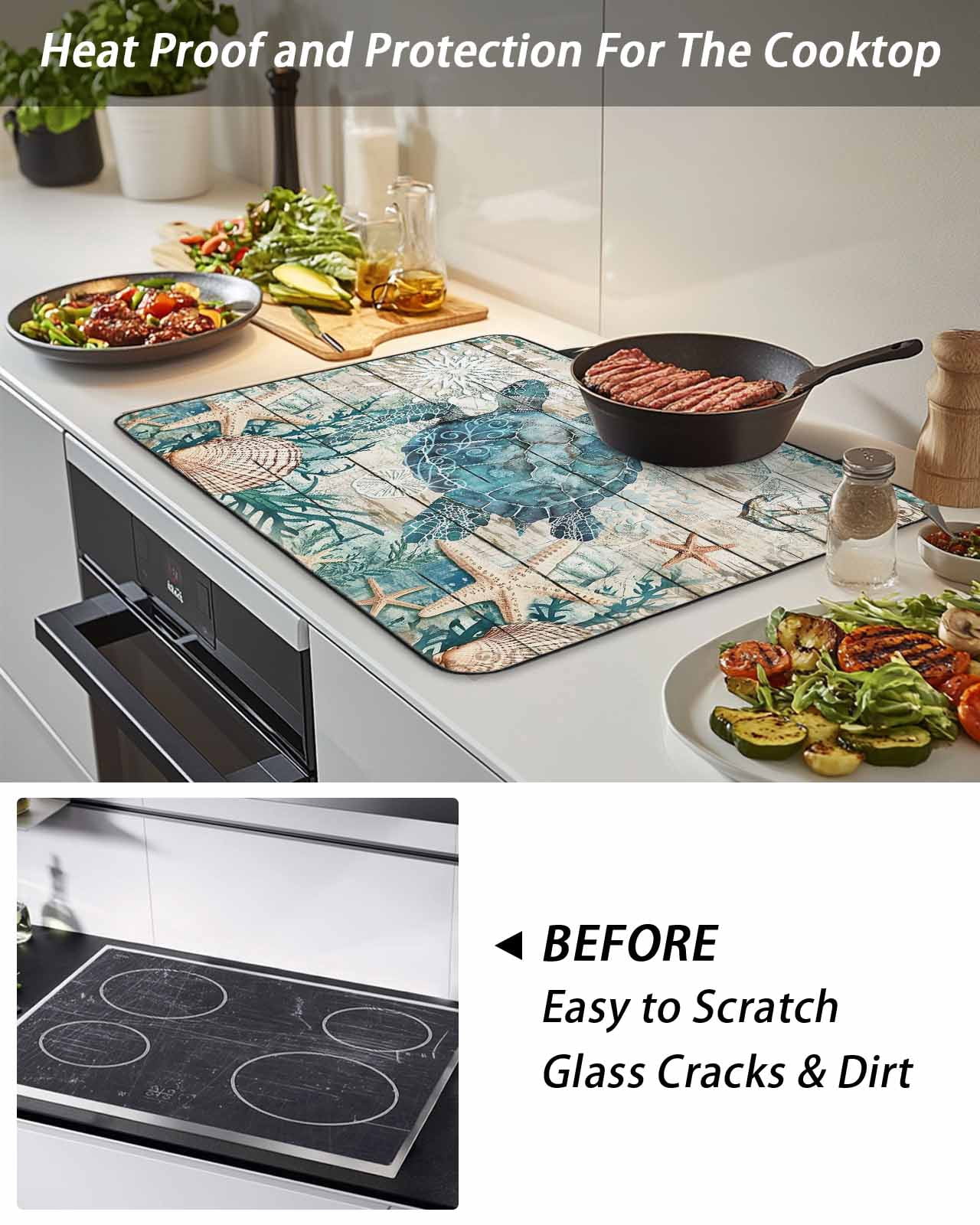 Stove Top Covers for Electric Stove, Teal Sea Turtle Coastal Glass Stovetop Cover Protector, Summer Beach Nautical Starfish Retro Induction Cooktop Protector Oven Mat for Kitchen Countertop 24"x21"