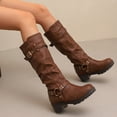 thumbnail image 4 of Wide Calf Motorcycle Boots for Women Pull on Vintage Slouchy Leather Fashion Buckle Strap Lug Sole Chunky Heel Mid Calf Riding Booties Brown Size 6, 4 of 7