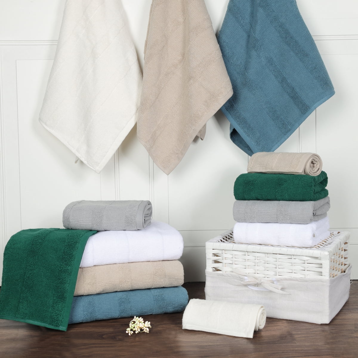 Superior Roma Cotton Bath Towels, Set of 3, Ivory
