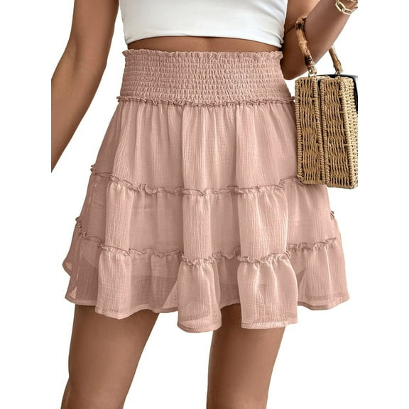Womens Summer Flowy High Waist Ruffle Casual Cute Boho Beach Short Skirts Built-in Shorts Pink XXL