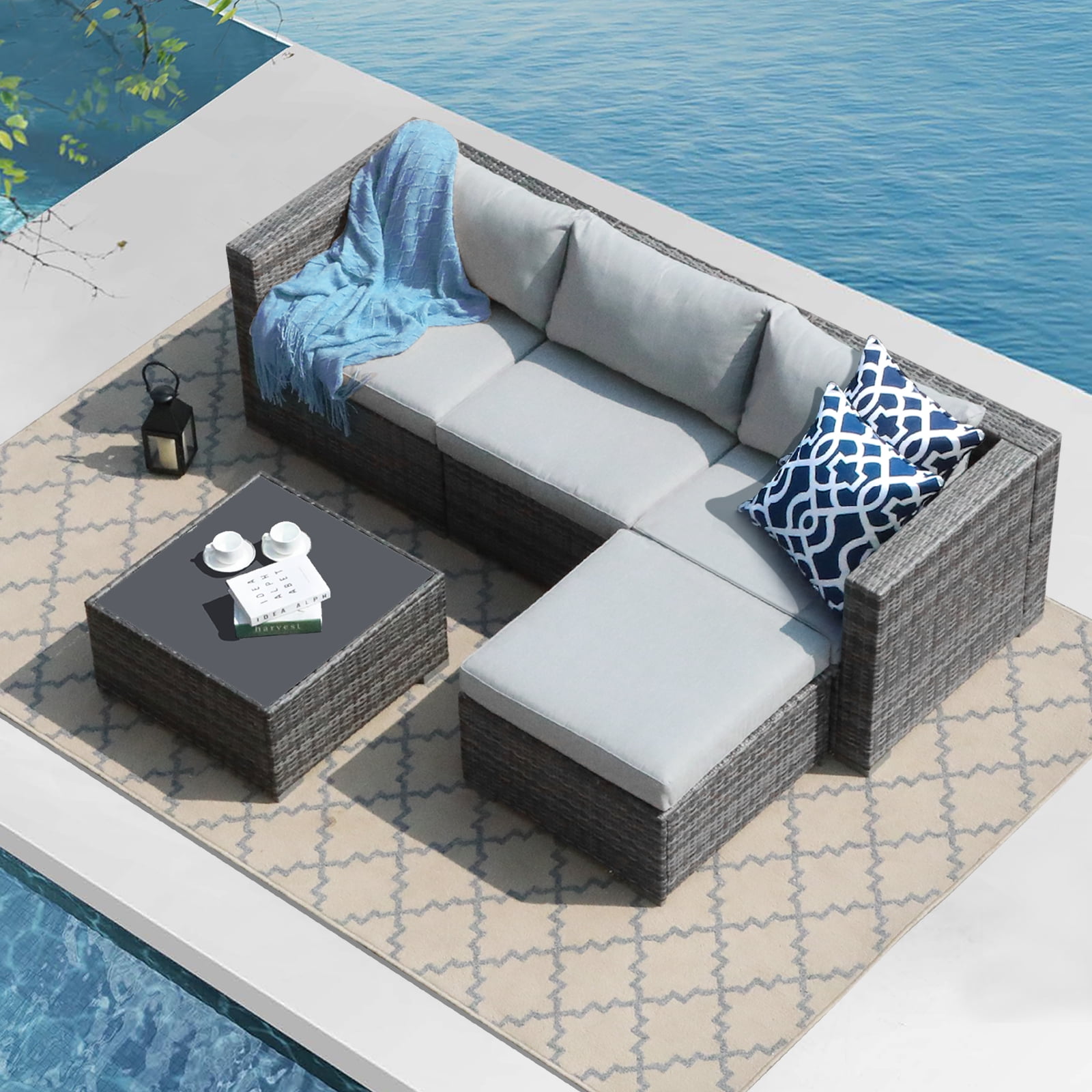 JOIVI 5 Pieces Outdoor Patio Furniture Set, All Weather PE Gray Wicker Rattan Sectional Furniture Set with Coffee Table, Light Gray