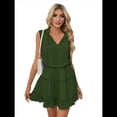 thumbnail image 3 of Womens Spring Summer 2025 Sleeveless Split V Neck Ruffle Chiffon Elegant Mini Short Skirt Dresses Green XL, 3 of 9