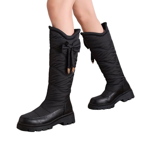 Rokment Womens Winter Mid Calf Snow Boots Fashion Bow Puffers Fleece Lined Thermal Platform Wide Calf Knee High Dress Boots Black Size 6.5