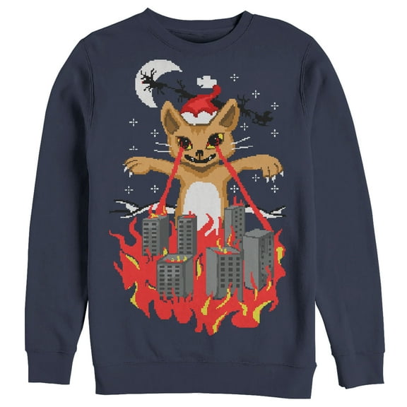 Men's Lost Gods Ugly Christmas Catzilla Sweatshirt Navy Blue Large