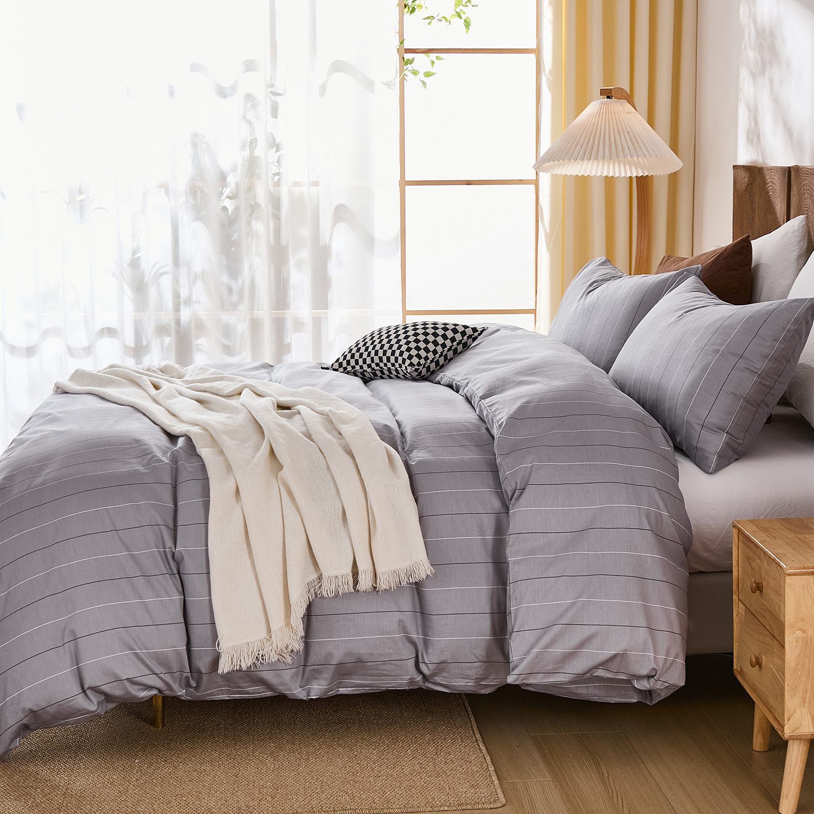100% Cotton Stripe Duvet Cover Set Queen Size - Gray Striped Duvet Cover Set with Zipper Closure & 8 Corner Ties, Modern Minimalist Wide Stripe Bedding Set for Cozy Elegant Bedroom