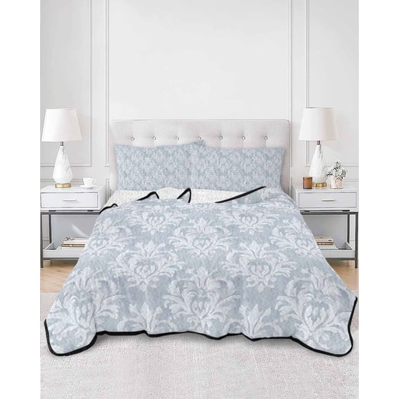 Quilts Twin XL Size, Haze Blue Boho Soft Comforter Bedding Set for Bed, Neutral Middle Century Turkish Pattern Lightweight Quilted Bedspread with Pillow Cover(2 Pieces) for All Season, 68x98 Inch