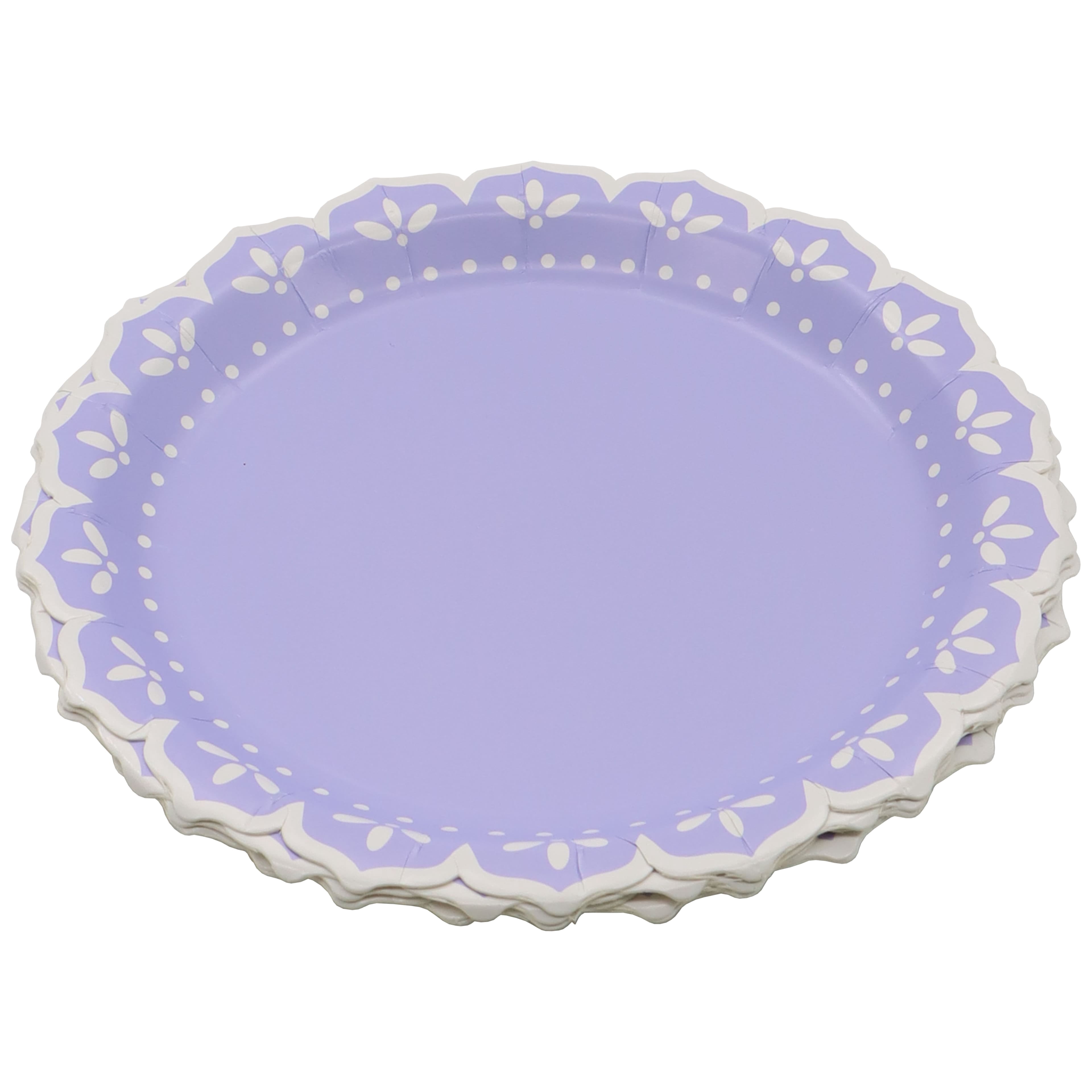 Celebrate It Petal Dot Snack Plates, Lace-Inspired Scalloped Edge Paper Tableware, Purple/White, 7", 12 Pack (96 Total)