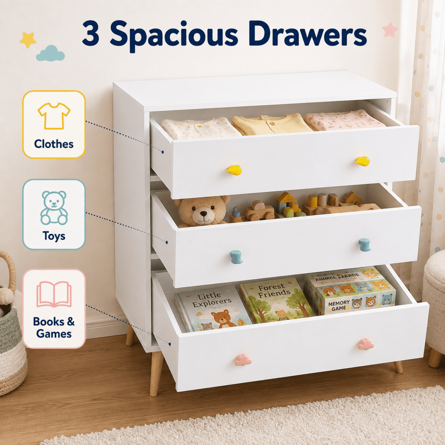 Miniyam Drawer Dresser with Glides & Safety Design for Kids Bedroom, White