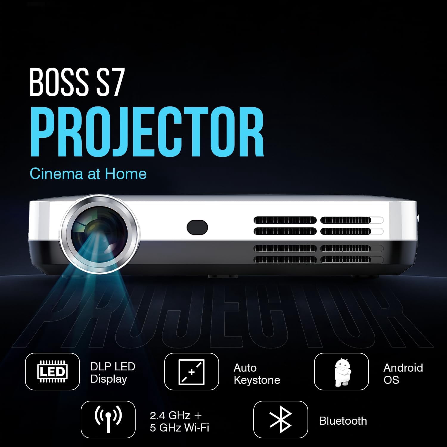 Boss Projector 4K UHD 3D Android Smart Projector, 7000 Lumens Portable Home Theater