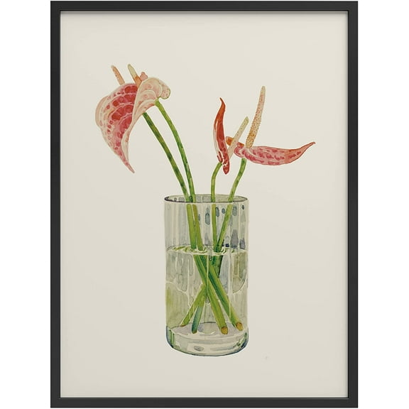 PixonSign Framed Wall Art Print Red Anthurium Flowers in Vase Nature Plants Illustrations Modern Art Modern Group Relax/Calm Multicolor Pastel for Living Room, Bedroom, Office - 12"x16" BLACK