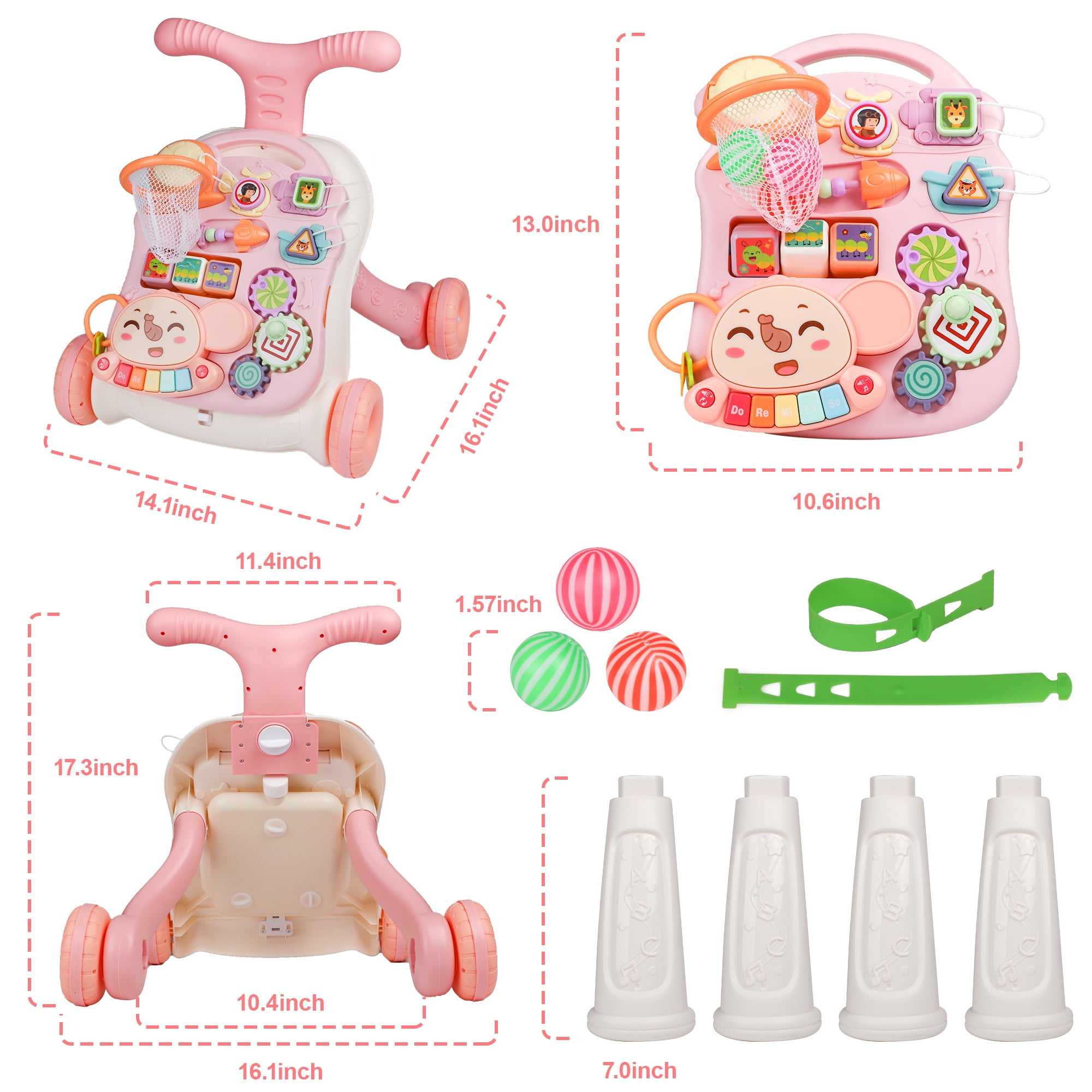 Carsky 3-in-1 Baby Walker and Learning Table Center, Perfect Learning Toys Christmas Baby Toy Gift for Infants 6-12 Months, 17.3 Inch Perfect for Early Development & Playtime for Girls Boys-Pink