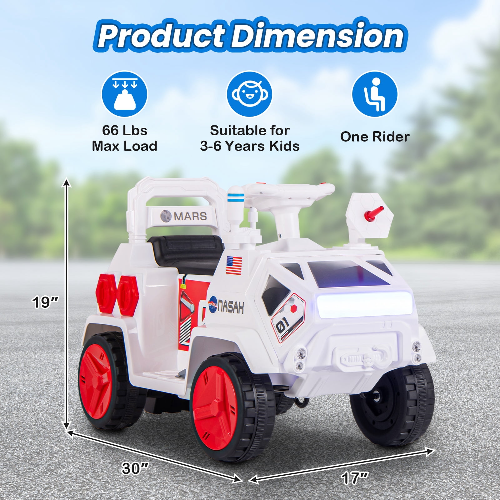 OLAKIDS Ride on Car, 6V Electric Toy for Kids with Radar, Rocket, MP3, USB, Horn, Power Display, Headlight, 4-Wheeler Battery Powered Quad Gift for Toddlers Boys Girls Age 3+