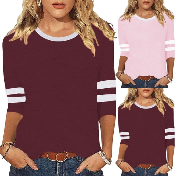 Spring Summer T Shirts for Women Casual Round Neck 3/4 Sleeve Tee Breathable Top Light Pink L