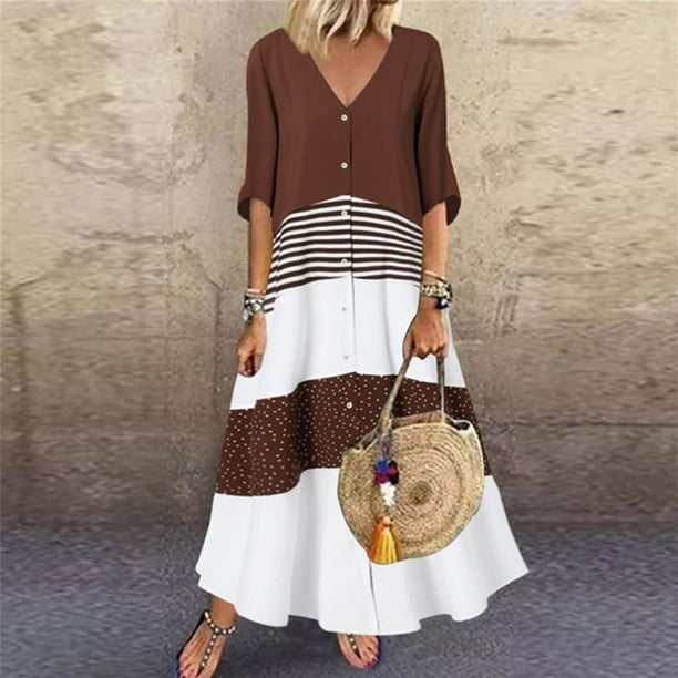 Puntoco Vestido Informal De Manga Corta Con Cuello En V Y Botones Para Mujer, Vestido De Retazos Con Cuello Redondo Y Manga Corta, Color Marrón M,Regalos Para Mujer Joven