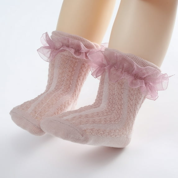 Esho Baby Girls Anti Slip Frilly Lace Socks, Toddler Girl Cotton Knee High Long Socks, 0-5T