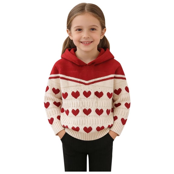 Valentine's Day Sweater For Girls Hooded Long Sleeve Heart Print Pullover Casual Trendy Knitted Tops (1-2 Years, Red)