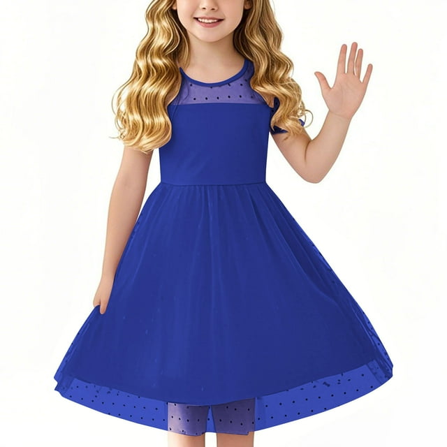 HaiMao Robe Décontractée d'Été en Tulle à Manches Bouffantes pour Tout-Petites Filles, Tutu Princesse pour Bébé Fille, Bleu, 10 Ans