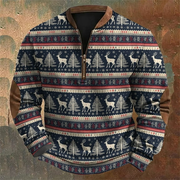 FAOWME Men's Christmas Pullover Long Sleeved Stand Collar Half Zipper Xmas Printed Fashion Comfortable Sweatshirt Tops For Holiday Daily Wear Dark Blue L