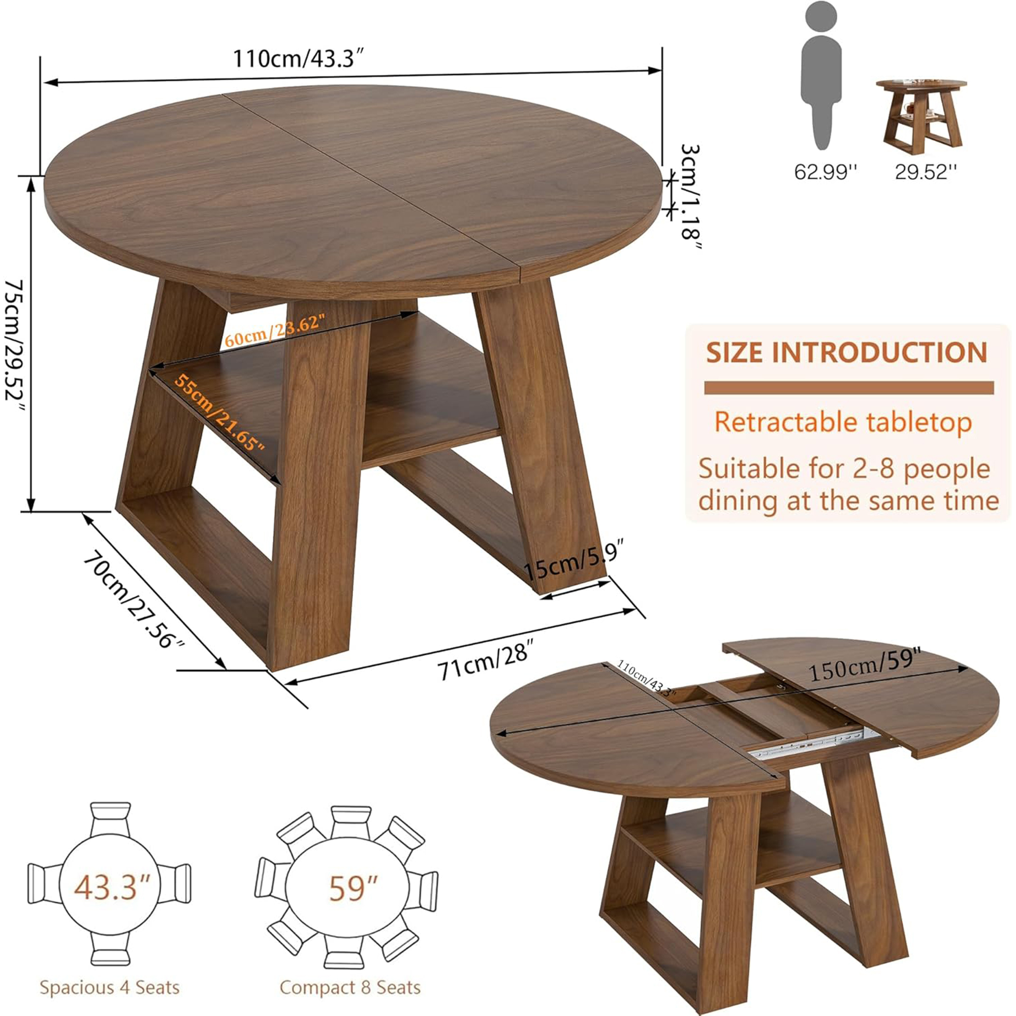 Extendable Round Dining Table for 4, Modern Oval Kitchen Dining Table with Storage Shelf, Dinner Table for Living Room, Walnut