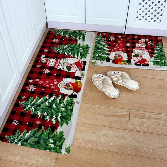 Kitchen Rug Mat Gnome, Set of 2, Anti-Fatigue Non-Skid Washable Kitchen Runner Rugs, Tree Buffalo Plaid Soft Comfort Rug for Kitchen, Floor Home, Front of Sink, Laundry