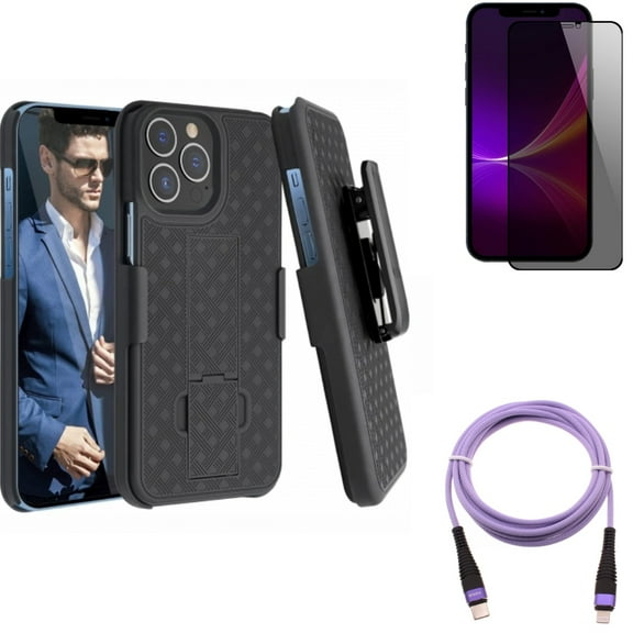 Purple 6ft PD Cable & Case Belt Clip & Privacy Screen Protector for iPhone 13 Pro Max ONLY - USB-C Long Cord Fast Charger   Holster Swivel Cover   Tempered Glass Curved Anti-Spy Combo