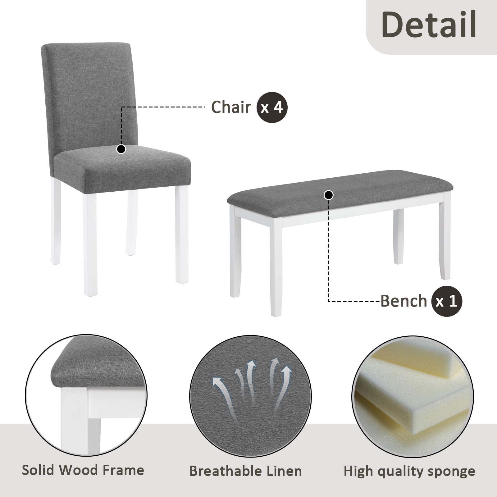 PORKISS Dining Table Set for 6, Farmhouse Dining Table Set with 4 Upholstered Chairs and Bench, Solid Wood Rectangular Dining Set of 6 People for Kitchen, Dining Room, Gray + White