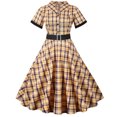 thumbnail image 2 of Brglopf Plaid Cocktail Party Dress for Women's Lapel V Neck Button Down 50s 60s Vintage Dress 1950s Retro Hepburn A-Line Swing Tea Dresses Yellow S, 2 of 4