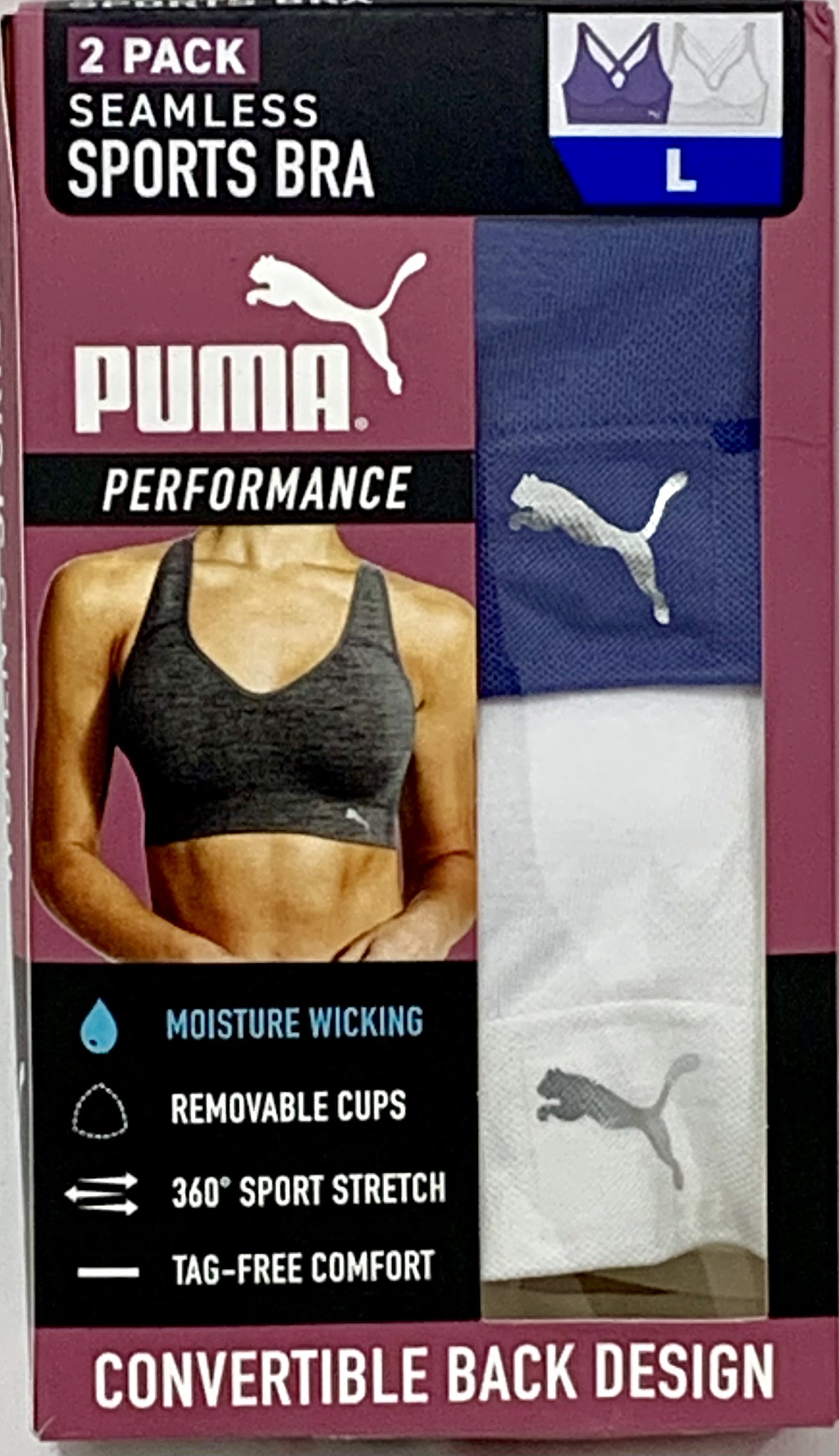 Puma Women's Convertible Seamless Sports Bra 2 Pack, White/Blue